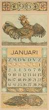 Kalenderblad januari met kraaiende haan