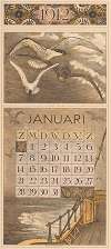 Kalenderblad januari met schip en meeuwen