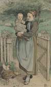 Bauernmädchen mit einem Kind auf dem Arm an einem Holzgitter stehend