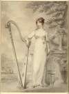 Full-length portrait of ‘Miss V. Dupuis’ resting her arm on a harp. In the background a fountain and a landscape with deer
