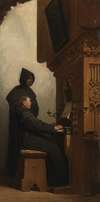 Een orgelspelende en zingende monnik (te Deum Laudamus)