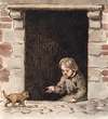 En dreng, der sidder i en kælderdør, lokker for en hundehvalp