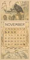 Kalenderblad november met meerkoet op een paal
