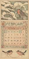 Kalenderblad voor februari 1913 met een roodborstje op een besneeuwde boomtak