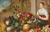 A Young Woman Next To A Table With Fruit In Baskets And Vegetables