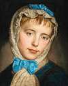 A Girl With Lace Headscarf And Blue Bows