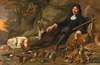 An Elegant Huntsman With His Dog And Game Resting In A Rocky Landscape, Oil On Canvas