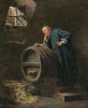 A monk in a wine cellar with a wine siphon