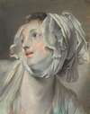 The head of a young woman wearing a bonnet and facing left