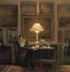 A lady reading by lamplight