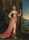 Portrait of a lady, full-length, as Diana, in a rocky landscape