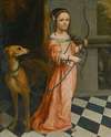 Portrait Of A Girl, Full Length, In A Pink Dress With A Bow And Hound