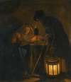 An Interior With An Old Woman Reading By Candlelight And A Man Holding A Lantern