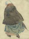 Lopende vrouw met cape en parapluie, op de rug gezien