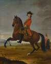 An equestrian portrait of an officer of the 1st troop of horse grenadier guards on a bay charger, with a trooper to the right