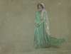 Study, woman in long green dress, pink scarf
