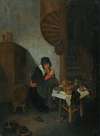 An old woman in an interior saying grace before a meal