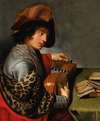 A man in a plumed hat and fur stole tuning a lute before a table with books