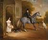Master John Marriott on a grey horse, with his sister Annis and their dogs outside the Elms, Cropwell Butler