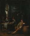 A tavern interior with figures drinking at a table and a man smoking a pipe