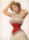 Woman wearing a red corset with her arms raised to her head, showing off the corset and her shape
