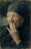 Kopf einer alten Frau mit der Hand am Mund