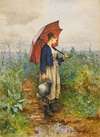 Portrait Of a Woman With Umbrella Gathering Water