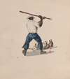 A man viewed from behind beating a dog with a stick