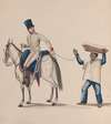 A soldier on horseback holding a rope that secures an enslaved indigenous man who is balancing a basket on his head