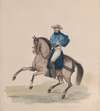 An elegantly dressed man on horseback
