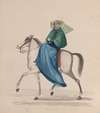 An elegantly dressed woman on horseback