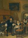 A Gentleman Offering A Lady A Glass Of Wine With A Couple Making Music And Other Townsfolk In An Interior