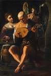 An elderly man playing the guitar with a woman and a putto in attendance