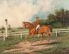 Chestnut Racehorse with Jockey Up on a Training Track with a Wooded Landscape Beyond