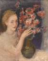 Girl At A Table With Flowers