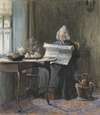 Interieur met een vrouw die de krant leest