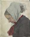Oude vrouw met hoofddoek en rode sjaal