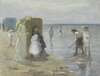 Gezicht langs de vloedlijn aan het Scheveningse strand, met twee dames en kinderen