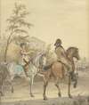 Man en een vrouw te paard op een landweg