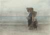 Vrouw met kind, lopend over het strand