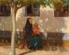 Skagenskone med den lille Helga Ancher på skødet i solskin foran et hvidkalket hus