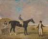 ‘Bravura’, an iron-grey filly, with James Robinson up, with her owner Sir Robert Keith Dick, Bt., her trainer mounted on a grey pony to the left, on Newmarket Heath