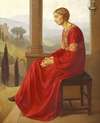 Kvinde i rød kjole siddende på en terrasse i et italiensk landskab