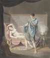 Klassieke voorstelling met staande man bij vrouw op ligbed
