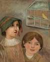Two little girls beside a cage with a canary