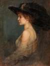 Profilportrait einer Dame mit großem federgeschmücktem Hut