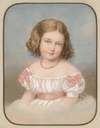 Bildnis eines kleinen Mädchens in weißem Kleid mit rosa Schleifen