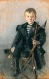 A portrait of a blond boy and black coat with gold button