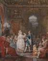 A party in a Louis XVI interior lit by a candelabra and a torchere, with a couple dancing the minuet