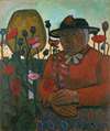 Old poor woman with a glass ball and poppies
